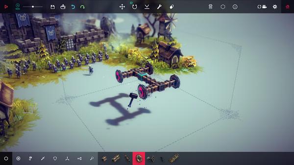 Screenshot from Besiege showing a wheeled contraption on a grid with a medieval village and soldiers in the background.