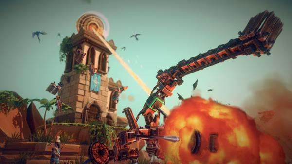 A Besiege screenshot showing a medieval machine launching fiery projectiles at a stone tower surrounded by flying birds and debris.