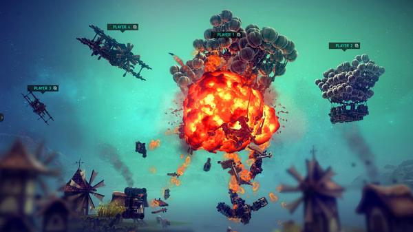 A Besiege screenshot showing an airborne machine exploding mid-air, surrounded by other flying contraptions and windmills below.
