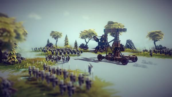 Besiege screenshot: A wooden siege engine moves on a snowy field, surrounded by small soldiers and trees.