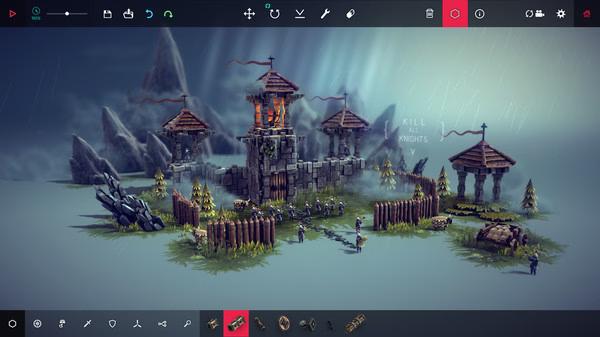 Screenshot from Besiege showing a medieval fortress under attack, surrounded by knights and siege equipment in a rainy setting.