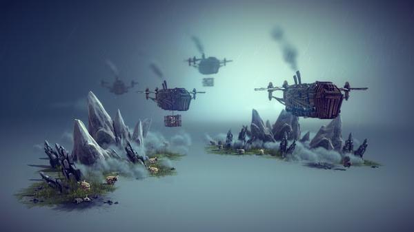 Besiege screenshot showing flying wooden airships over rocky terrain, with sheep and scattered debris on the ground below.
