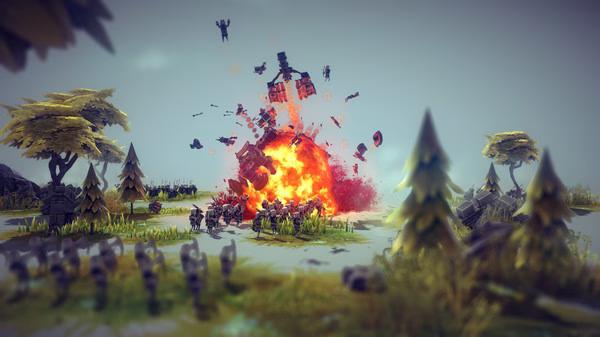 A Besiege screenshot showing a fiery explosion as a machine destructs amidst a grassy landscape with scattered trees and debris.