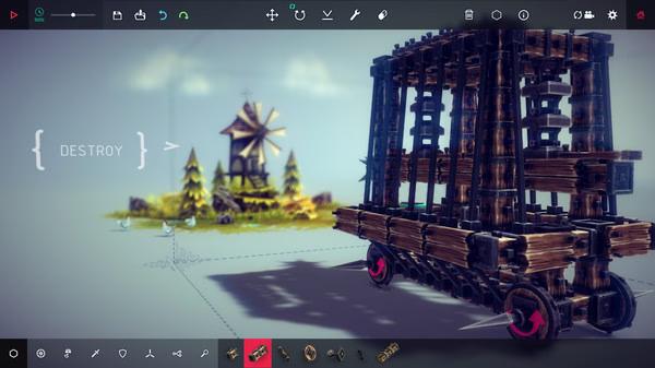 Screenshot from Besiege: a wooden siege machine on wheels targets a windmill with "DESTROY" text beside it.