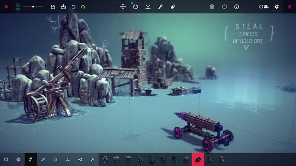 Screenshot of Besiege showing a wheeled siege machine near a rocky fortress with a quest to steal three pieces of gold ore.