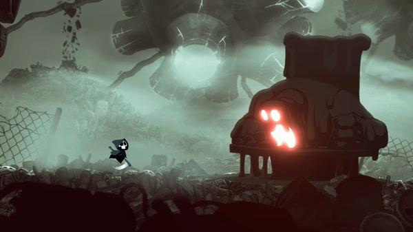 Screenshot from 'Have a Nice Death': A small character faces a large, glowing furnace in a dark, industrial setting.