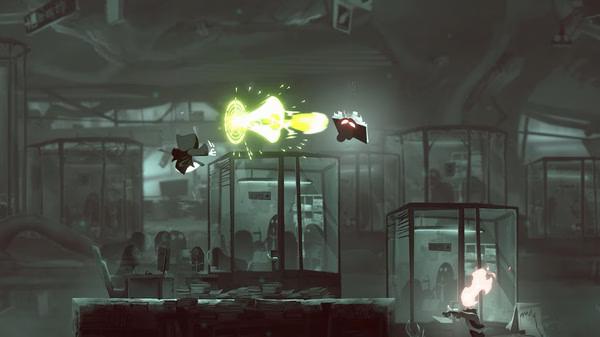 Screenshot from 'Have a Nice Death' showing a dynamic battle scene with glowing projectiles and dark, eerie surroundings.