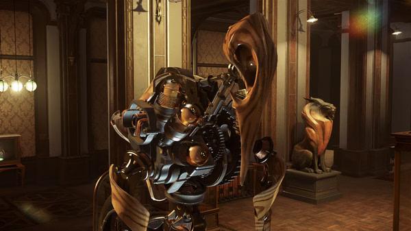 Dishonored 2 screenshot: A mechanical clockwork soldier stands in a lavishly decorated room with statues and ornate architecture.