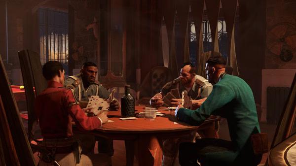 A screenshot from Dishonored 2 showing four characters seated at a table, playing cards in a warmly lit room.