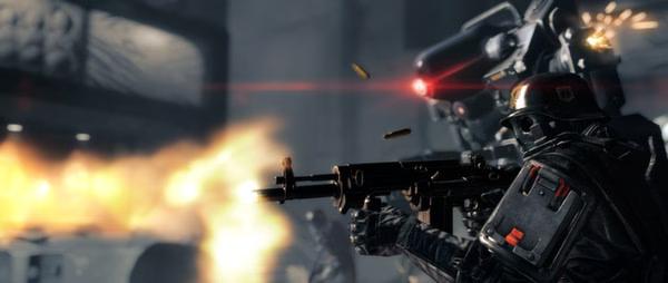 Screenshot from Wolfenstein: The New Order showing a soldier firing a machine gun with bullets flying and flames in the background.