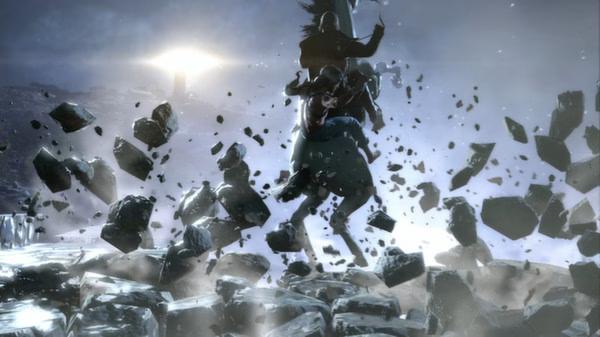 Screenshot from Metal Gear Solid V: The Phantom Pain showing a dramatic scene of a horse and rider amidst flying debris and shattered rocks.