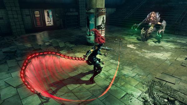 Darksiders III screenshot: Fury, wielding a fiery whip, faces off against a large, glowing creature in a dimly lit, abandoned subway.