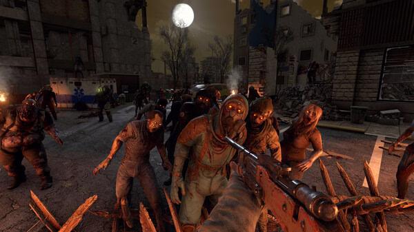 A screenshot from 7 Days to Die showing a player aiming at a horde of zombies under a full moon in a ruined city street.