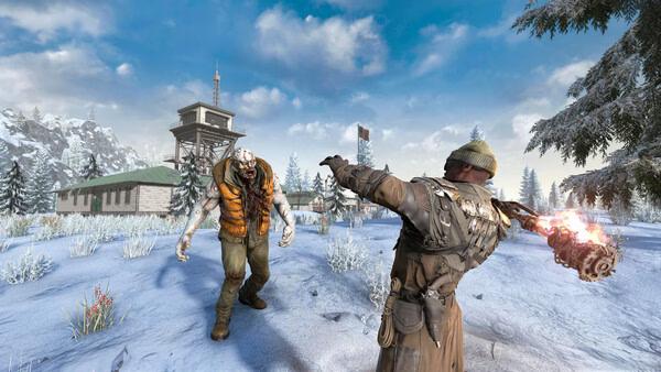 7 Days to Die screenshot: A player confronts a zombie in a snowy landscape with a flaming weapon near a watchtower.
