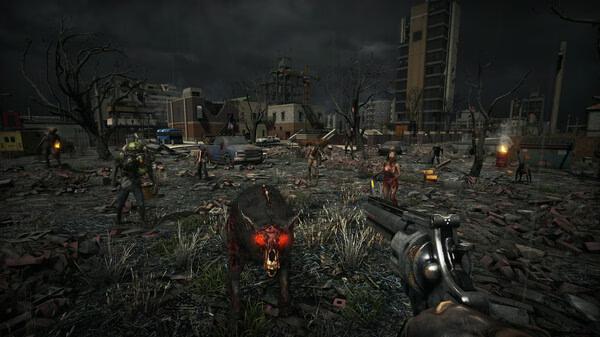 A '7 Days to Die' screenshot showing a player aiming a gun at a zombie bear, with zombies in a desolate urban landscape.
