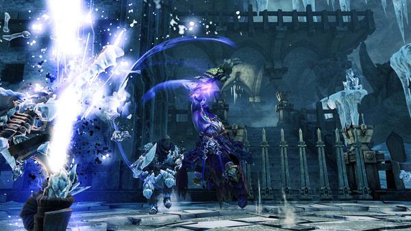 Screenshot from Darksiders II Deathinitive Edition showing a battle scene with Death wielding weapons in a mystical, icy environment.