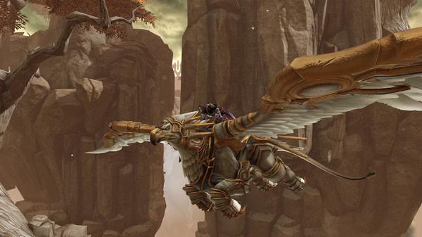 Screenshot from Darksiders II Deathinitive Edition showing a rider on a majestic, armored griffin soaring through rocky canyons.