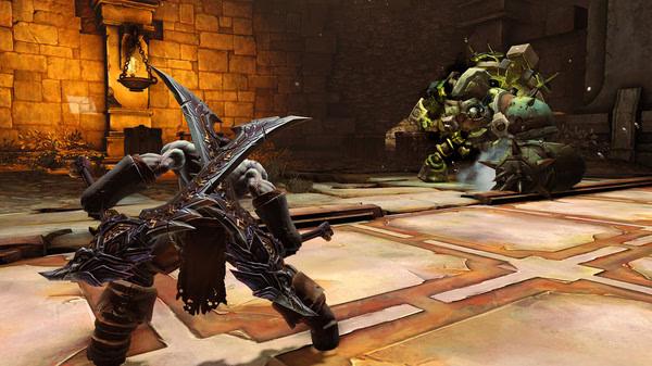 Screenshot from Darksiders II Deathinitive Edition showing Death facing a large, armored construct in a dimly lit, ancient stone room.