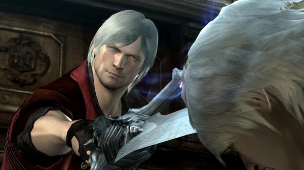 Screenshot from Devil May Cry 4 Special Edition showing a character in red holding a glowing sword against another character.