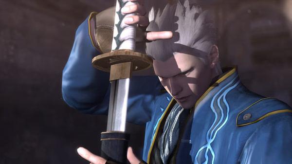 A screenshot from Devil May Cry 4 Special Edition featuring a character in a blue coat holding a sword dramatically.