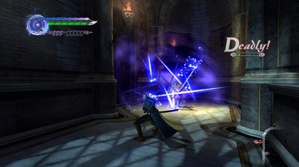 A screenshot from Devil May Cry 4 Special Edition showing a character in a dynamic combat scene casting a blue energy attack.