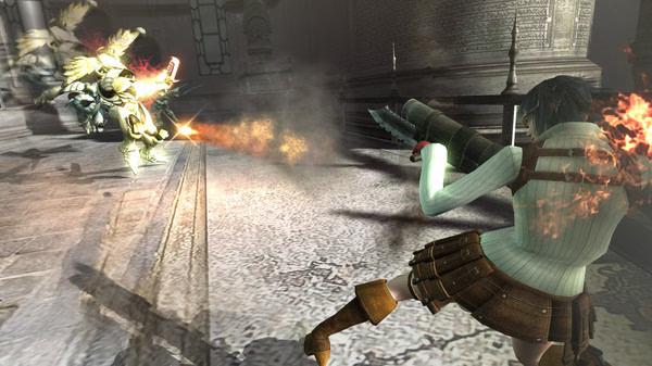 Devil May Cry 4 Special Edition screenshot: A character fires a rocket launcher at a glowing enemy in a stone corridor.