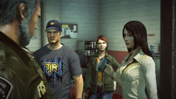 Dead Rising 2 screenshot: Characters stand in a room, one holding a recording device, wearing casual and police outfits.