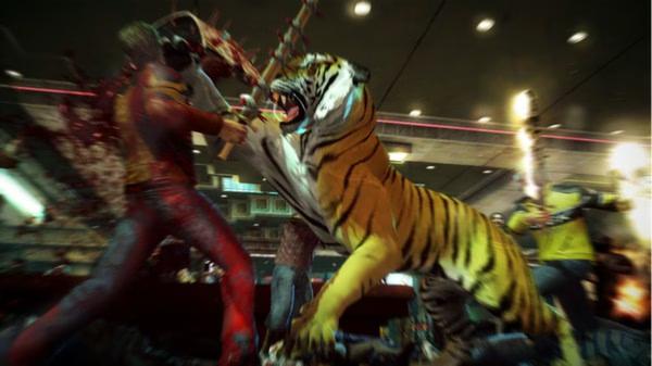 In this Dead Rising 2 screenshot, a tiger attacks a character in a chaotic mall setting filled with action and suspense.