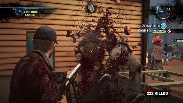 Dead Rising 2 screenshot: A character in a cap uses a shotgun to combat zombies, with blood splattering against a building wall.