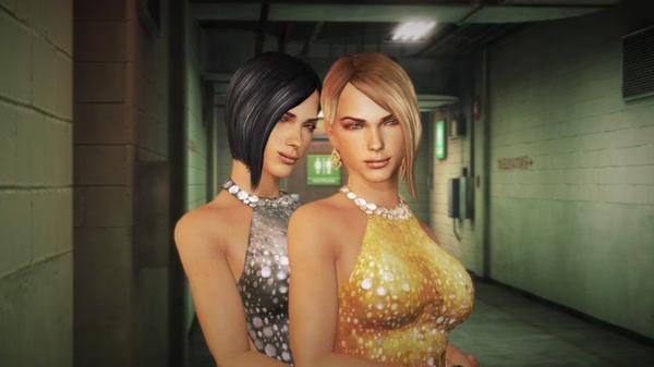 Screenshot from Dead Rising 2 showing two women in sparkly dresses standing close together in a dimly lit hallway.