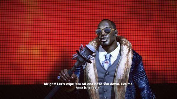 Dead Rising 2 screenshot: A man in fur-trimmed clothing speaks into a microphone against a red checkered backdrop.