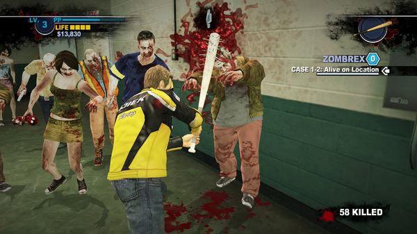 Dead Rising 2 screenshot: Player character swings a bat at approaching zombies in a blood-splattered corridor.