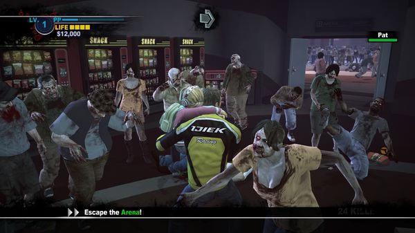 Dead Rising 2 screenshot: A character fights off a horde of zombies in front of snack machines in an arena setting.