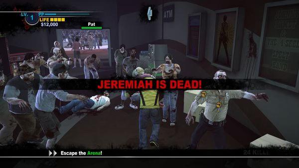 A Dead Rising 2 screenshot showing a player surrounded by zombies in a tense scene with "Jeremiah is dead!" displayed on screen.