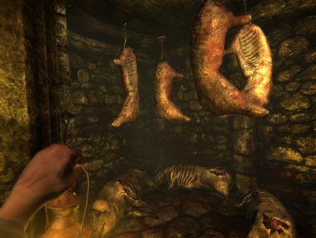 A screenshot from Amnesia: The Dark Descent shows a hand holding a lantern in a dimly lit room with hanging meat and carcasses.