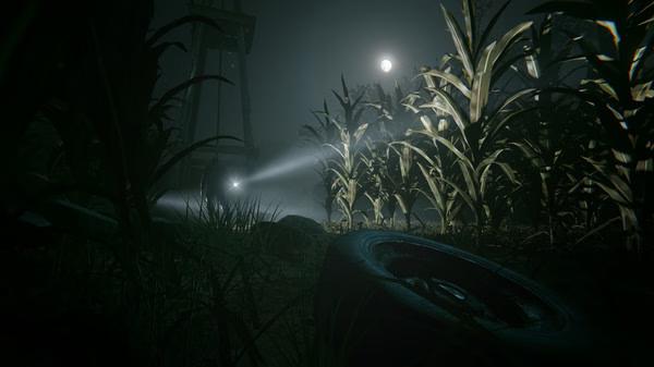 A screenshot from Outlast 2 showing a dark cornfield illuminated by a flashlight, with a tire in the foreground and a moonlit sky.