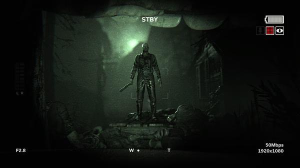 Outlast 2 screenshot: A menacing figure with a weapon stands among fallen bodies in a dark, eerie setting.