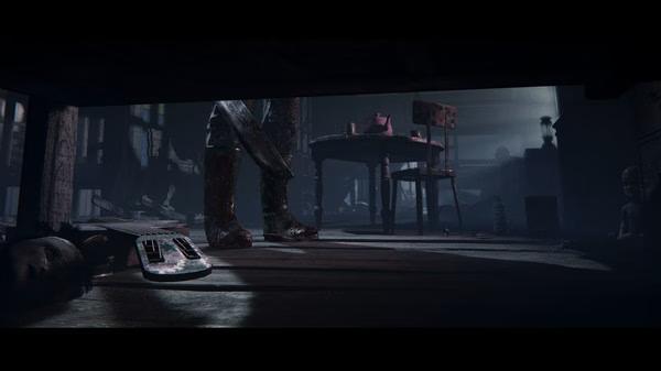 Outlast 2 screenshot: A tense scene shows bloodstained boots and a machete under a table in a dimly lit room.