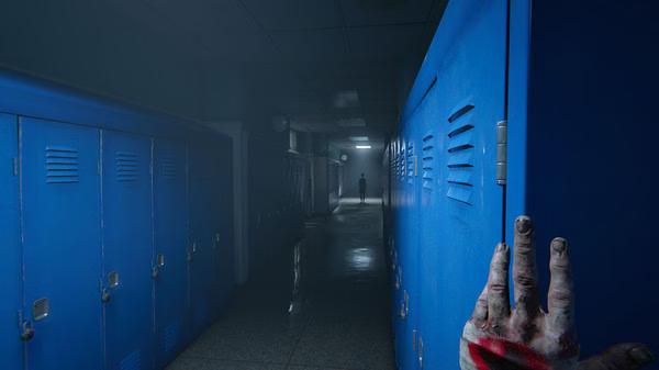 Outlast 2 screenshot: A bloody hand touches a blue locker in a dimly lit hallway, with a shadowy figure in the distance.