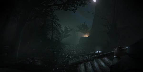 Outlast 2 screenshot: A dimly lit river scene with a raft, trees, and a bright light in the distance under a night sky.