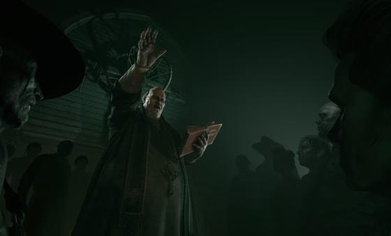 Outlast 2 screenshot: A preacher holds a book and raises a hand in a dark setting, surrounded by a group of people.