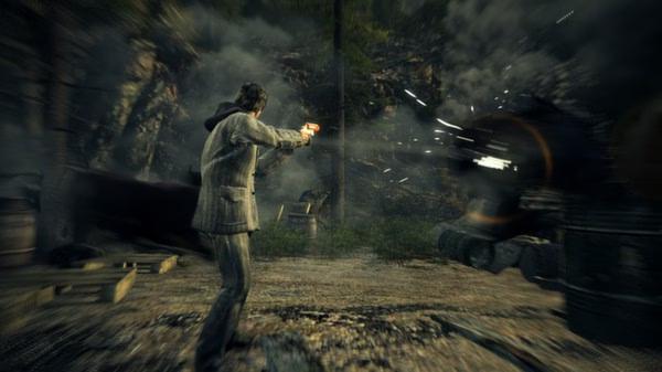 Alan Wake screenshot: The protagonist aims a gun at a shadowy figure in a forest setting, with dynamic action effects.