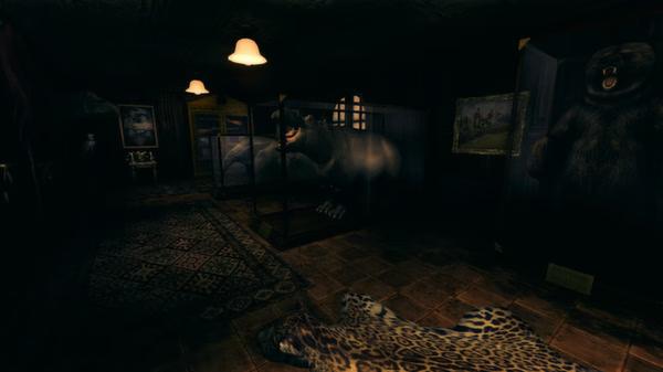 Screenshot from Amnesia: A Machine for Pigs showing a dimly lit room with taxidermy animals and a leopard rug on the floor.