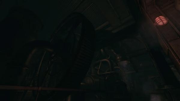 A screenshot from "Amnesia: A Machine for Pigs" showing a dark, industrial machine room with gears and pipes.