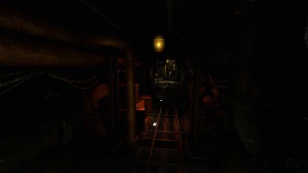A screenshot from Amnesia: A Machine for Pigs showing a dimly lit industrial hallway with rusted pipes and a glowing light in the distance.