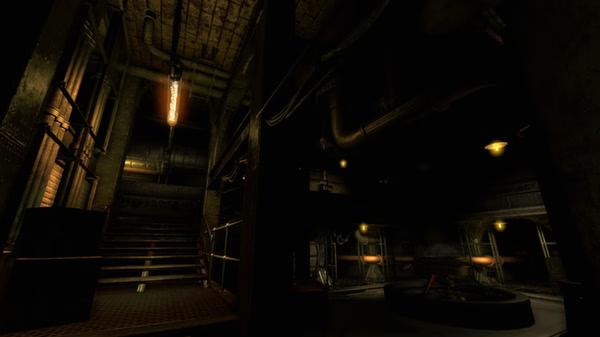 Screenshot of "Amnesia: A Machine for Pigs" showing a dimly lit industrial area with stairs and pipework.