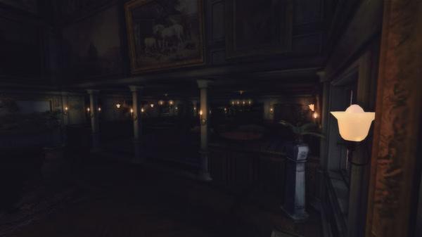 Screenshot from Amnesia: A Machine for Pigs showing a dimly lit, ornate room with paintings and pillars, creating a haunting atmosphere.