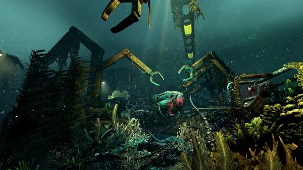 Underwater scene from SOMA screenshot featuring robotic arms, coral, and machinery amidst a deep-sea environment.
