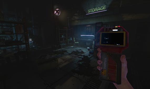 SOMA screenshot: A hand holds an Omnitool device in a dim, cluttered storage room with industrial elements and a glowing sign.