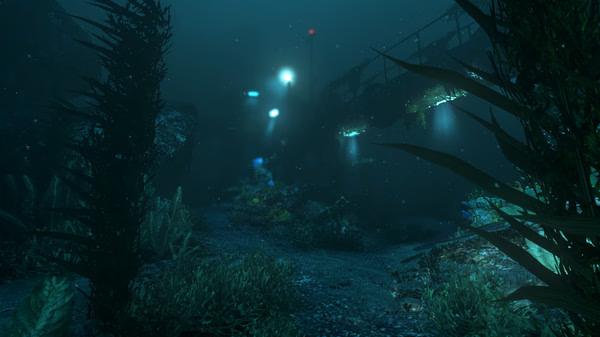 Underwater scene from SOMA screenshot showing a dimly lit pathway, seaweed, coral, and a structure illuminated by blue lights.